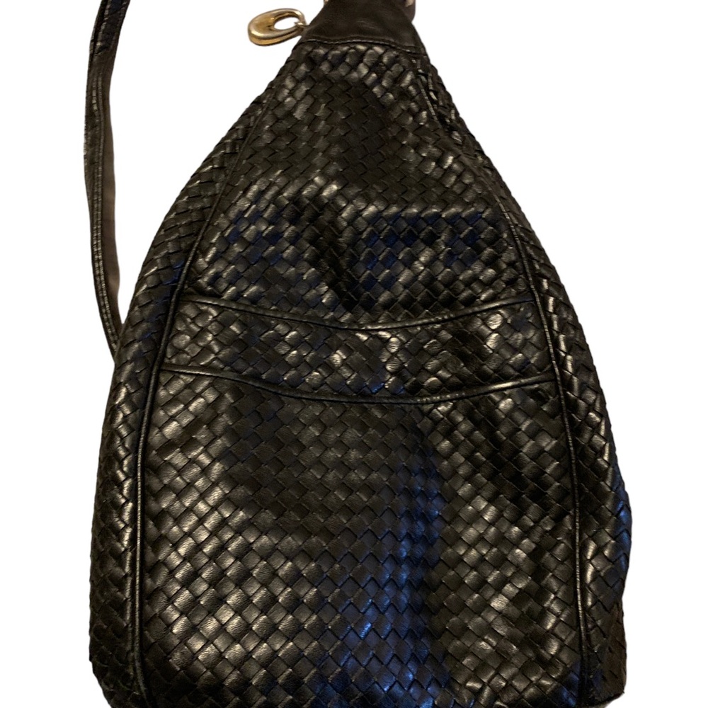 Vintage GANSON BLACK LEATHER PURSE, woven leather, side purse, large